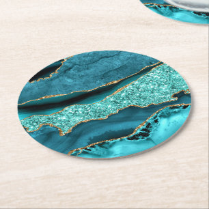 Agaat Blauwgroen Blauw Goud Glitter Marmer Aqua Tu Ronde Kartonnen Onderzetter
