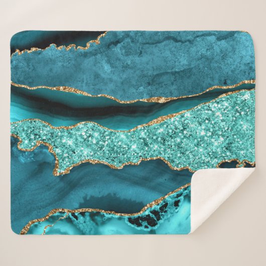 Agaat Blauwgroen Blauw Goud Glitter Marmer Aqua Tu Sherpa Deken (Voorkant (horizontaal))