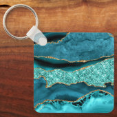 Agaat Blauwgroen Blauw Goud Glitter Marmer Aqua Tu Sleutelhanger (Voorkant)