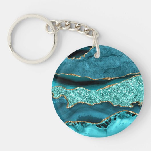 Agaat Blauwgroen Blauw Goud Glitter Marmer Aqua Tu Sleutelhanger (Voorkant)