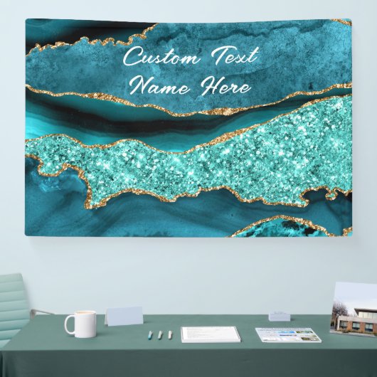 Agaat Blauwgroen Blauw Goud Glitter Marmer Aqua Tu Spandoek (Beurs)