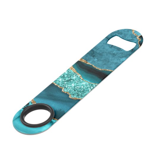 Agaat Blauwgroen Blauw Goud Glitter Marmer Aqua Tu Speed Flessenopener (Achterkant Gekanteld)