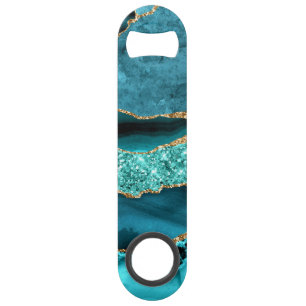 Agaat Blauwgroen Blauw Goud Glitter Marmer Aqua Tu Speed Flessenopener
