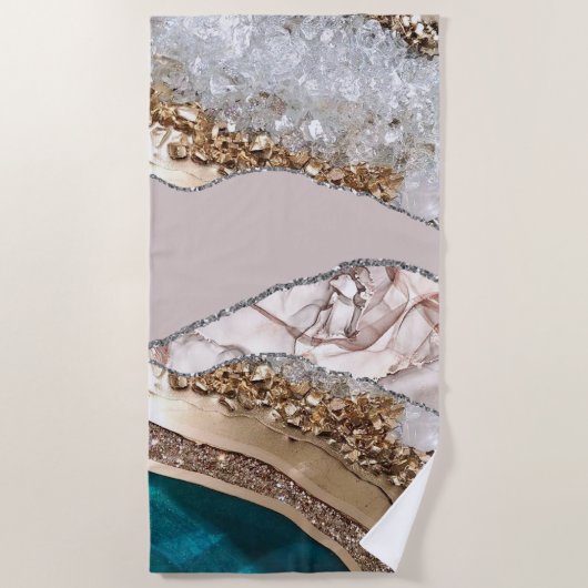 Agaat Blauwgroen Blauw Goud Glitter Marmer Aqua Tu Strandlaken (Voorkant)