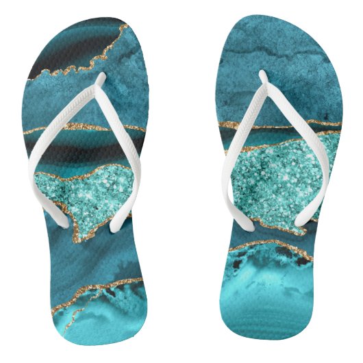 Agaat Blauwgroen Blauw Goud Glitter Marmer Aqua Tu Teenslippers (Voetbed)