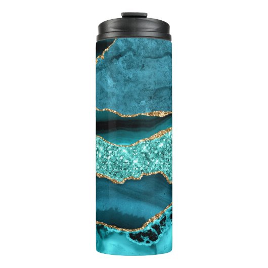 Agaat Blauwgroen Blauw Goud Glitter Marmer Aqua Tu Thermosbeker (Voorkant)