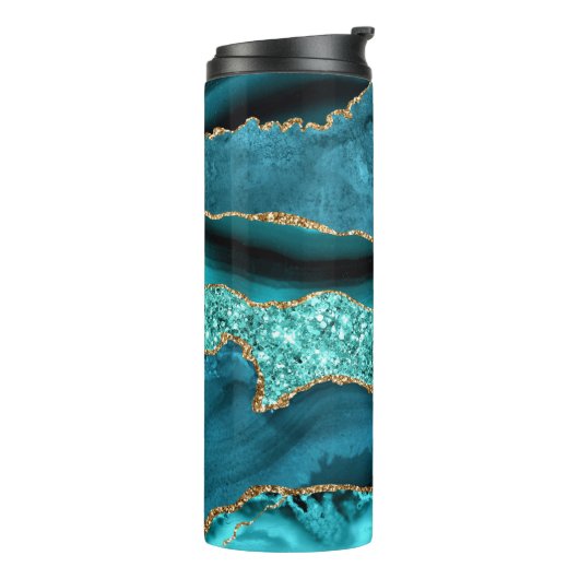 Agaat Blauwgroen Blauw Goud Glitter Marmer Aqua Tu Thermosbeker (Gedraaid links)