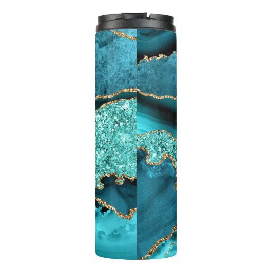 Agaat Blauwgroen Blauw Goud Glitter Marmer Aqua Tu Thermosbeker (Achterkant)