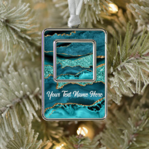 Agaat Blauwgroen Blauw Goud Glitter Marmer Jouw na Verzilverd Omlijst Ornament
