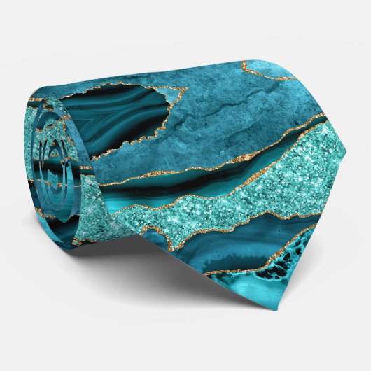 Agaat Blauwgroen Blauw Goud Glitter Turquoise Stro Stropdas (Opgerold)