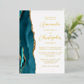 Agaat Blauwgroen Blauw Goud Script Bruiloft Folie Uitnodiging (Staand Voorkant)
