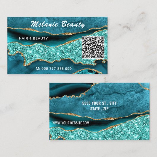 Agaat Blauwgroen Blauw Turquoise QR Code Visitekaa Visitekaartje (Voorkant / Achterkant)