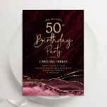 Agaat Bourgogne Goud 50e Verjaardag Kaart<br><div class="desc">Bourgogne en gouden agaat 50ste verjaardag feestuitnodiging. Elegant modern design met donkerrode marsala wijn waterverf agaat marmeren geode achtergrond,  faux glitter goud en typografie script lettertype. Trendy uitnodigingskaart perfect voor een stijlvol vrouwenfeest. Gedrukte Zazzle-uitnodigingen of direct download digitale afdrukbare sjabloon.</div>