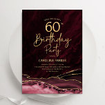 Agaat Bourgogne Goud 60e Verjaardag Kaart<br><div class="desc">Bourgogne en gouden agaat 60ste verjaardag feestuitnodiging. Elegant modern design met donkerrode marsala wijn waterverf agaat marmeren geode achtergrond,  faux glitter goud en typografie script lettertype. Trendy uitnodigingskaart perfect voor een stijlvol vrouwenfeest. Gedrukte Zazzle-uitnodigingen of direct download digitale afdrukbare sjabloon.</div>