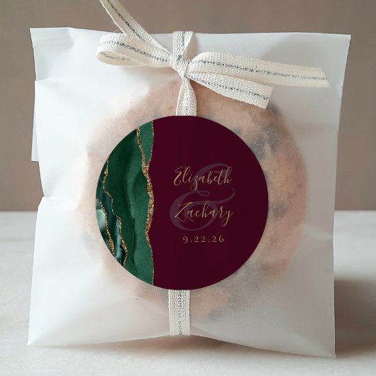 Agaat Emerald Groen Goud Script Bourgondië Bruilof Ronde Sticker