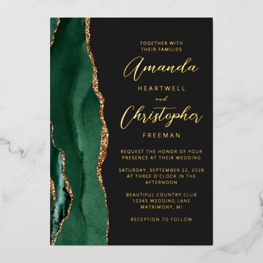 Agaat Emerald Groen Goud Script Donker Bruiloft Folie Uitnodiging (Voorkant)