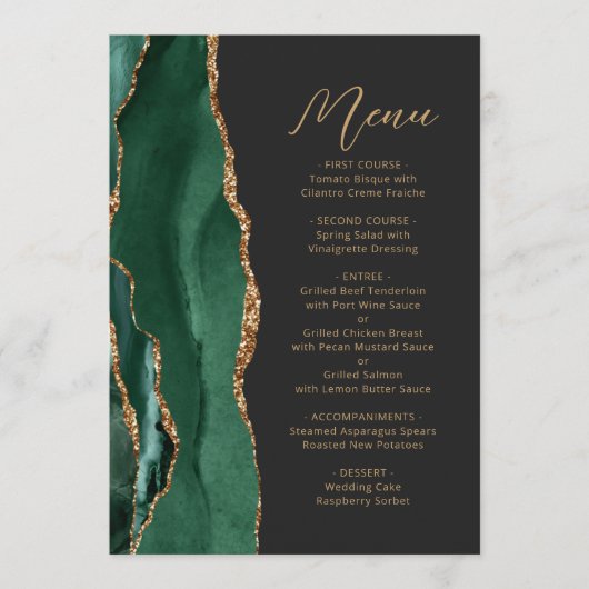 Agaat Emerald Groen Goud Script Donker Bruiloft Menu (Voorkant)