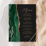 Agaat Emerald Groen Goud Script Donker Bruiloft Menu<br><div class="desc">Dit elegante,  moderne huwelijksmenu is voorzien van een smaragdgroene waterverf agaatrand met faux gouden glitter. De aanpasbare tekst combineert goudkleurig handschrift en scant ernstige lettertypen op een niet-zwarte achtergrond. Het ontwerp van de groene en gouden agaat wordt herhaald aan de achterkant.</div>