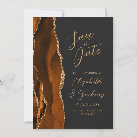 Agaat gebrand Sinaasappel gouden script donker bru Save The Date (Voorkant)
