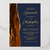 Agaat gebrand Sinaasappel gouden script marineblau Folie Uitnodiging (Voorkant)