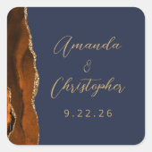 Agaat gebrand Sinaasappel gouden script marineblau Vierkante Sticker (Voorkant)