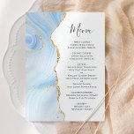 Agaat Geode Baby Blauw Goud Glitter Bruiloft Menu<br><div class="desc">De linkerkant van dit elegante,  moderne huwelijksmenu is voorzien van een babyblauwe waterverf agaatrand met faux gouden glitter. De aanpasbare tekst combineert handschrift- en koperplaatlettertypen in houtskoolgrijs op een witte achtergrond. De achterzijde heeft een bijpassend ontwerp van babyblauw en gouden agaat.</div>