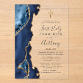 Agaat Geode Blauw Goud Glitter Eerste Heilige Comm Acryl Uitnodigingen (Voorkant)