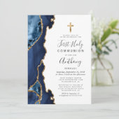 Agaat Geode Blauw Goud Glitter Eerste Heilige Comm Kaart (Staand voorkant)