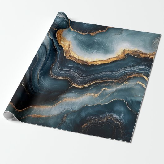 Agaat Geode Gold en Navy Blue Marble Cadeaupapier (Uitgerold)