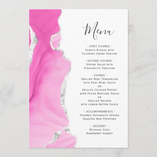 Agaat Geode Roze Zilveren Glitter Bruiloft Menu (Voorkant)