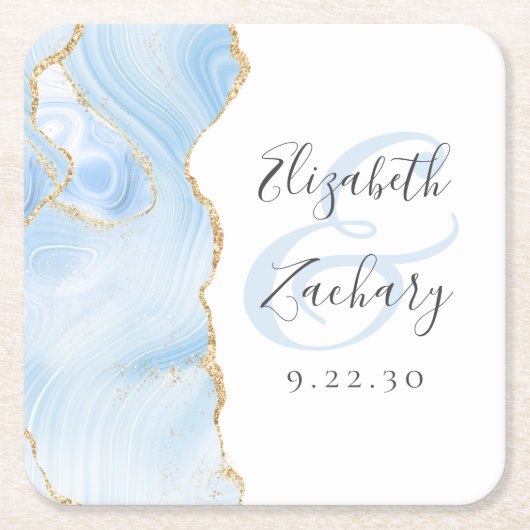 Agaat Geode Script Baby Blauw Goud Bruiloft Kartonnen Onderzetters (Voorkant)