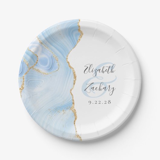 Agaat Geode Script Baby Blauw Goud Bruiloft Papieren Bordje (Voorkant)