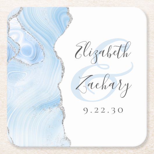Agaat Geode Script Baby Blauw Zilver Bruiloft Kartonnen Onderzetters (Voorkant)