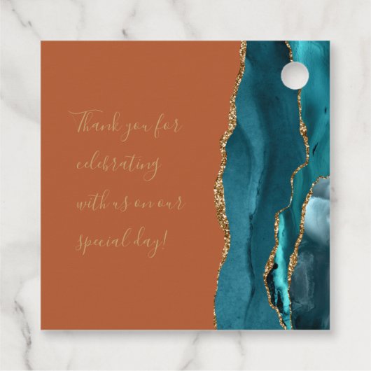 Agaat Geode Script Blauwgroen Goud Burnt Sinaasapp Bedankjes Labels (Achterkant)