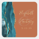 Agaat Geode Script Blauwgroen Goud Burnt Sinaasapp Vierkante Sticker (Voorkant)