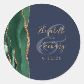 Agaat Geode Script Emerald Groen Goud Navy Bruilof Ronde Sticker (Voorkant)