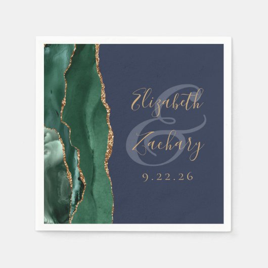 Agaat Geode Script Emerald Groen Goud Navy Bruilof Servet (Voorkant)