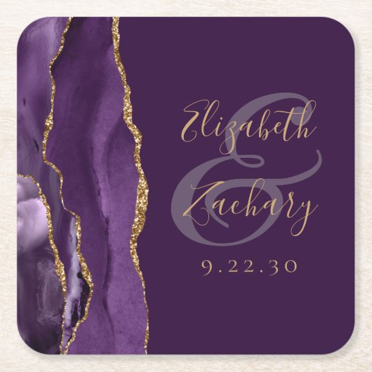 Agaat Geode Script Paarse gouden pruim bruiloft Kartonnen Onderzetters (Voorkant)