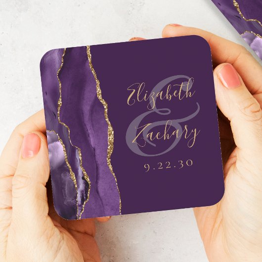 Agaat Geode Script Paarse gouden pruim bruiloft Kartonnen Onderzetters