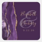 Agaat Geode Script Paarse gouden pruim bruiloft Vierkante Sticker (Voorkant)