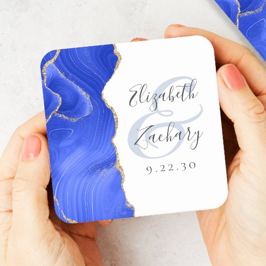 Agaat Geode Script Royal Blue Gold Wedding Kartonnen Onderzetters