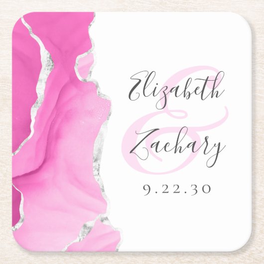 Agaat Geode Script Roze Zilveren Bruiloft Kartonnen Onderzetters (Voorkant)