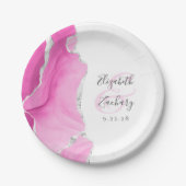 Agaat Geode Script Roze Zilveren Bruiloft Papieren Bordje (Voorkant)