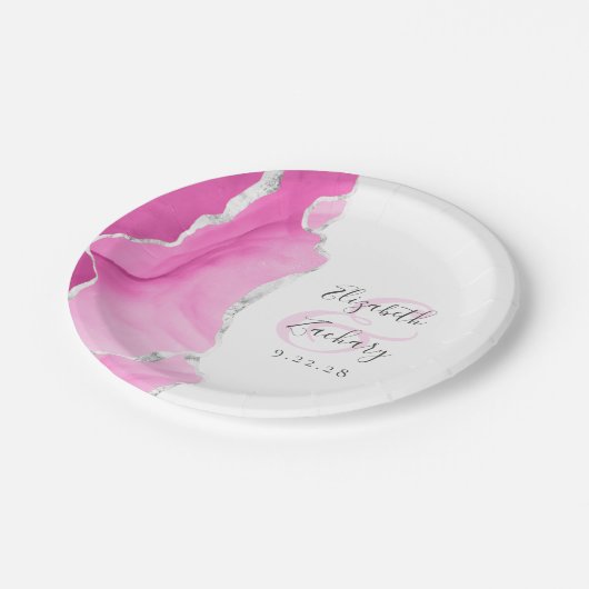 Agaat Geode Script Roze Zilveren Bruiloft Papieren Bordje (Gekanteld)