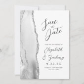 Agaat Grijs Wit Zilver Modern Script Bruiloft Save The Date (Voorkant)