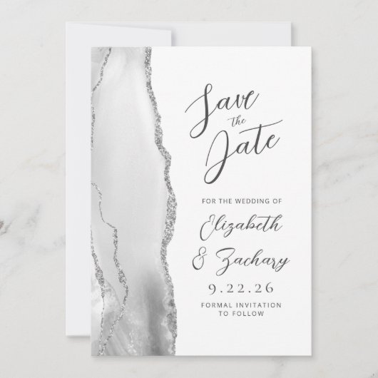 Agaat Grijs Wit Zilver Modern Script Bruiloft Save The Date (Voorkant)