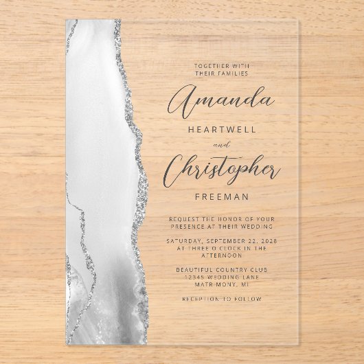 Agaat Grijs Zilver Script Bruiloft Acryl Uitnodigingen (Voorkant)