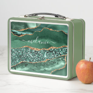 Agaat Groen Goud Aangepaste Naam Metalen Lunchbox