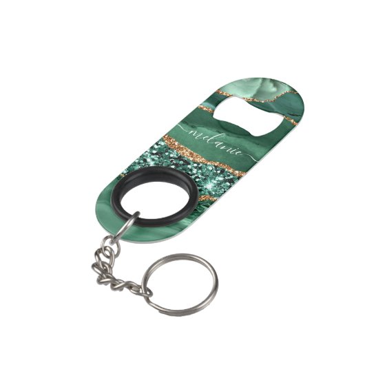 Agaat Groen Goud Jouw naam Sleutelhanger Flesopene Mini Flessenopener (Achterkant Gekanteld)