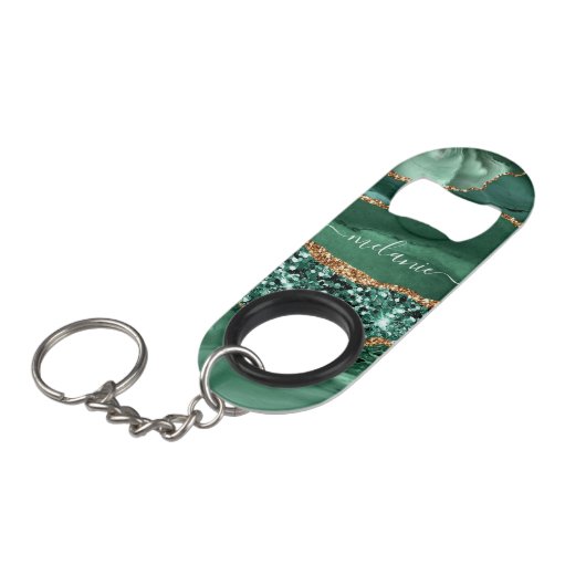 Agaat Groen Goud Jouw naam Sleutelhanger Flesopene Mini Flessenopener (Voorkant Gekanteld)